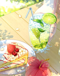 Rule 34 | bendy straw, blurry, blurry background, cake, cake slice, cherry, cup, day, drink, drinking glass, drinking straw, flower, food, food focus, fruit, garnish, glass, hibiscus, ice, leaf, lens flare, lime (fruit), lime slice, luan tang, original, outdoors, petals, plate, red flower, strawberry, summer, sunlight, syrup, table, white flower
