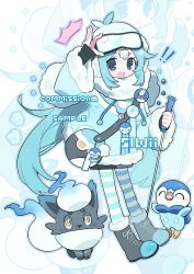 Rule 34 | !, !!, absurdres, alternate color, badge, blue eyes, blue hair, commentary, commission, copyright request, creatures (company), game freak, gen 4 pokemon, highres, hisuian zorua, ice, ice cube, light blush, long sleeves, nintendo, pantyhose, piplup, poke ball, pokemon, pokemon (creature), sample watermark, shiny pokemon, slwii2, smile, striped clothes, striped pantyhose, symbol-only commentary, watermark, winter clothes