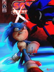 Rule 34 | 2boys, angry, blood, blue eyes, blue fur, comic cover, electricity, exe (revie), faker (revie), fighting, gloves, highres, im lazy sheck lol, lightning, multiple boys, red eyes, shadow, sonic.exe, sonic: execution (comic), sonic (live action), sonic (series), sonic the hedgehog, sonic the hedgehog (film), teeth, white gloves