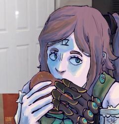 Rule 34 | 1girl, brown hair, burger, drag-on dragoon, drag-on dragoon 3, earrings, facial mark, food, forehead mark, four (drag-on dragoon), gloves, green eyes, holding, holding burger, holding food, jerma985 eating a whopper (meme), jewelry, meme, non-web source, roman numeral