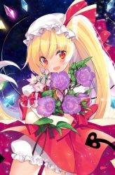 Rule 34 | 1girl, blonde hair, bloomers, blush, bouquet, cowboy shot, flandre scarlet, flower, hat, hat ribbon, looking at viewer, mob cap, open mouth, red eyes, red ribbon, red skirt, ribbon, roh nam kyung, skirt, skirt set, smile, solo, touhou, underwear, vest, wings