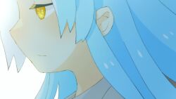 Rule 34 | 1girl, angela (project moon), blue hair, bright pupils, closed mouth, collared shirt, commentary request, expressionless, from side, harvest fes, lobotomy corporation, long hair, project moon, shirt, simple background, solo, white background, white pupils, white shirt, yellow eyes