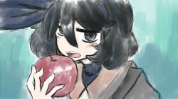 1girl apple aqua_background bad_id bad_twitter_id black_eyes black_hair blue_hairband blush food fruit hair_between_eyes hairband highres holding holding_food holding_fruit iesonatana jitome liv_(iesonatana) looking_at_viewer medium_hair open_mouth original portrait simple_background smile solo