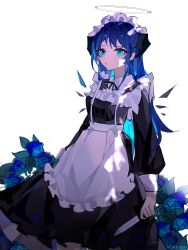 Rule 34 | 1girl, absurdres, alternate costume, apron, arknights, black dress, black ribbon, blue eyes, blue flower, blue hair, dagger, demon horns, detached wings, dress, energy wings, enmaided, flower, halo, highres, holding, holding dagger, holding knife, holding weapon, horns, knife, long hair, maid, maid headdress, mostima (arknights), neck ribbon, parted lips, ribbon, simple background, solo, weapon, white apron, white background, wings, yingyingyingtazhide