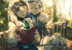Rule 34 | 2boys, bench, black hair, book, brown hair, closed mouth, denim powell, eating, food, fruit, highres, jewelry, male focus, miyama (lacrima01), multiple boys, open mouth, signature, sitting, smile, tactics ogre, tree, vice bozeg