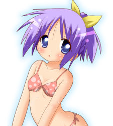 Rule 34 | 00s, 1girl, alternate hairstyle, arched back, bikini, blue eyes, blush, body blush, breasts, flat chest, front-tie top, hair ribbon, hiiragi tsukasa, looking at viewer, lucky star, minami (colorful palette), parted bangs, pink bikini, polka dot, polka dot bikini, polka dot swimsuit, ponytail, profile, purple hair, ribbon, short hair, side-tie bikini bottom, simple background, small breasts, solo, swimsuit, underboob, upper body, wet, white background