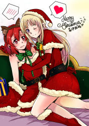 Rule 34 | 10s, 2girls, :o, ;), animal ears, bare arms, bare legs, bare shoulders, bell, belt, between legs, blonde hair, blush, boots, bow, bowtie, box, breasts, capelet, cat ears, chinese text, christmas, cleavage, couple, dress, elbow gloves, embarrassed, english text, eye contact, fake animal ears, fei cai xiao r, female focus, fur trim, gift, gift box, girl on top, gloves, green bow, hair between eyes, hair ribbon, hairband, hat, heart, highres, izetta, large breasts, leaning, leaning back, leaning forward, legs, long hair, looking at another, medium breasts, merry christmas, multiple girls, off shoulder, one eye closed, open mouth, ortfine fredericka von eylstadt, purple eyes, red capelet, red dress, red eyes, red footwear, red gloves, red hair, ribbon, santa boots, santa costume, santa gloves, santa hat, short hair, shuumatsu no izetta, shy, sitting, smile, spoken blush, spoken heart, straddling, strapless, strapless dress, sweatdrop, undressing, wavy mouth, wink, yuri
