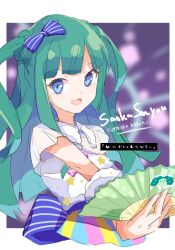 Rule 34 | 1girl, :d, blue bow, blue eyes, blunt bangs, blunt ends, blurry, blurry background, border, bow, cropped torso, folding fan, green hair, hair bow, hand fan, holding, holding fan, long hair, looking at viewer, open mouth, pretty series, pripara, shirt, short sleeves, smile, solo, tsukikawa chili, tulaca (pixiv), two side up, upper body, white border, white shirt