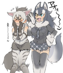 Rule 34 | &gt; &lt;, 2girls, aardwolf (kemono friends), aardwolf print, animal ears, aqua eyes, bad id, bad pixiv id, bare shoulders, black hair, black shorts, blazer, blush, breast pocket, closed eyes, collared shirt, cutoffs, diamond mouth, ear blush, ears down, elbow gloves, embarrassed, extra ears, fang, fangs, feet out of frame, flying sweatdrops, fur collar, furrowed brow, gloves, grey hair, grey wolf (kemono friends), hair between eyes, hand on own hip, hand to own mouth, hand up, hands up, heterochromia, high ponytail, highres, howling, igarashi (nogiheta), jacket, kemono friends, knees together feet apart, legs together, long hair, long sleeves, looking afar, microskirt, multicolored hair, multiple girls, necktie, nose blush, open mouth, pantyhose, pantyhose under shorts, plaid, plaid neckwear, plaid skirt, pocket, print gloves, print legwear, print shirt, shirt, short shorts, shorts, side-by-side, simple background, skirt, sleeveless, sleeveless shirt, smile, standing, tail, thigh gap, thighhighs, two-tone hair, white background, wolf ears, wolf girl, wolf tail, yellow eyes, zettai ryouiki