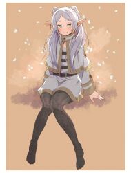 Rule 34 | 1girl, belt, belt buckle, black pantyhose, blush, buckle, capelet, commentary request, dangle earrings, earrings, eitopondo, elf, falling leaves, frieren, gem, highres, jewelry, knees together feet apart, leaf, legs, light smile, long hair, long sleeves, looking at viewer, no shoes, pantyhose, parted bangs, pointy ears, red gemstone, shirt, sitting, skirt, solo, sousou no frieren, striped clothes, striped shirt, twintails, very long hair, white capelet, white skirt, yellow trim