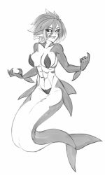 Rule 34 | 1girl, abs, beckoning, black sclera, blush, breasts, colored sclera, commentary, fins, full body, greyscale, grin, hair between eyes, large breasts, looking away, mermaid, monochrome, monster girl, muscular, muscular female, navel, nude, original, shark fin, shark girl, sharp teeth, short hair, simple background, smile, solo, symbol-only commentary, teeth, twrlare, v-shaped eyebrows, white background