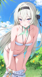 Rule 34 | 1girl, absurdres, alternate costume, aqua neckerchief, bare shoulders, bikini, black hairband, blue bikini, blue sky, blush, breasts, cleavage, clothes pull, cloud, cloudy sky, collarbone, commentary request, day, falling leaves, firefly (honkai: star rail), grey hair, hair between eyes, hairband, halterneck, hands on own knees, highres, honkai: star rail, honkai (series), large breasts, leaf, leaning forward, long hair, looking at viewer, navel, neckerchief, o-ring, o-ring bikini, o-ring top, open mouth, paid reward available, patreon username, pulling own clothes, purple eyes, rosumerii, skirt, skirt pull, sky, smile, solo, stomach, swimsuit, thighs, white skirt
