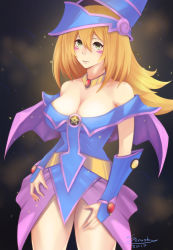 Rule 34 | 1girl, bare legs, bare shoulders, blonde hair, blue footwear, blush, blush stickers, breasts, cape, choker, cleavage, closed mouth, collarbone, cowboy shot, dark magician girl, dated, duel monster, female focus, green eyes, hair between eyes, hat, large breasts, long hair, looking at viewer, magical girl, pentacle, senasky, solo, vambraces, wizard hat, yu-gi-oh!