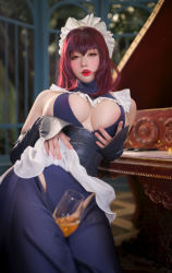 Rule 34 | 1girl, absurdres, alcohol, alternate costume, asian, bare shoulders, blush, bottle, breasts, chinese (nationality), cleavage, cosplay, cosplay photo, detached sleeves, enmaided, fate/grand order, fate (series), frills, garter straps, hair intakes, highleg, highres, large breasts, long hair, looking at viewer, maid, maid headdress, niannian d, photo (medium), purple hair, red eyes, scathach (fate), skirt, solo, tagme, white skirt, wine, wine bottle