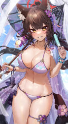 Rule 34 | 1girl, absurdres, animal ears, bikini, black hair, blue archive, breasts, cleavage, cowboy shot, food, fox ears, grin, groin, halo, highres, holding, holding food, kokukyukeo, large breasts, long hair, looking at viewer, navel, official alternate costume, popsicle, purple bikini, red halo, smile, solo, swimsuit, wakamo (blue archive), wakamo (swimsuit) (blue archive), yellow eyes