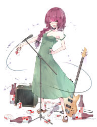 Rule 34 | 1girl, alcohol, amplifier, blush, bocchi the rock!, bottle, braid, breasts, cleavage, closed eyes, commentary, dated, dress, drink, drinking straw, electric guitar, green dress, guitar, hand on own hip, highres, hiroi kikuri, holding, holding drink, instrument, kuroneko no toorimichi, long hair, medium breasts, microphone, microphone stand, open mouth, red hair, signature, simple background, single braid, smile, solo, white background