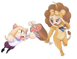 Rule 34 | 00s, 2girls, animal costume, artoria pendragon (all), artoria pendragon (fate), battle, boned meat, cat, claws, costume, fate/stay night, fate/tiger colosseum, fate (series), food, lion, lion costume, meat, melty blood, multiple girls, neco-arc, saber (fate), saber lion, simple background, teruki, tsukihime, white background