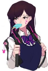Rule 34 | 1girl, backpack, bag, black sweater, bow, bowtie, brown hair, charm (object), collared shirt, d.va (overwatch), facepaint, facial mark, food, headphones, headphones around neck, ice cream, long hair, long sleeves, mouth hold, mwo imma hwag, overwatch, overwatch 1, popsicle, purple bow, purple bowtie, ribbed sweater, school bag, school uniform, shirt, simple background, solo, striped bow, striped bowtie, striped clothes, striped neckwear, sweater, upper body, whisker markings, white background, white shirt