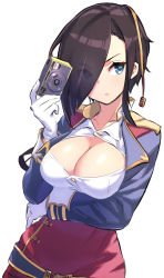 Rule 34 | 1girl, ark royal (azur lane), azur lane, black hair, blue eyes, breast hold, breasts, camera, cleavage, commentary request, eyes visible through hair, gloves, hair over one eye, hori (hori no su), large breasts, long sleeves, simple background, solo, upper body, white background, white gloves