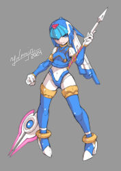 Rule 34 | 2024, absurdres, android, artist name, blue eyes, bodysuit, crop top, denjyou23, fairy leviathan (mega man), forehead jewel, helmet, high heels, highres, holding, holding weapon, lance, looking at viewer, mega man (series), mega man zero (series), polearm, simple background, weapon, white bodysuit