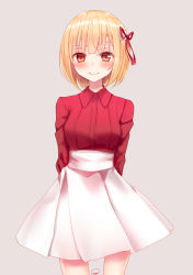 Rule 34 | 1girl, arms behind back, bandaged head, bandages, blonde hair, blush, breasts, cowboy shot, grey background, hair ribbon, highres, long sleeves, looking at viewer, medium breasts, original, piripun, red eyes, red ribbon, red shirt, ribbon, shirt, short hair, signature, simple background, skirt, smile, solo, standing, white skirt, wing collar