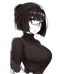 Rule 34 | 1girl, bad id, bad pixiv id, beanie, belko, blunt bangs, blush, breasts, glasses, greyscale, hat, large breasts, long sleeves, looking at viewer, monochrome, original, parted lips, ribbed sweater, semi-rimless eyewear, short hair, simple background, solo, sweater, turtleneck, turtleneck sweater, under-rim eyewear, upper body, white background