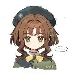 Rule 34 | ..., 1girl, artist name, beret, bow, bowtie, brown hair, china dress, chinese clothes, closed mouth, commentary, cropped torso, dress, eagle (reverse:1999), girl scout, green dress, green eyes, green hat, green sash, hair ornament, hairclip, hat, highres, portrait, qiancaofu, reverse:1999, sash, scout uniform, short hair, shoulder sash, sidelocks, signature, sketch, solo, spoken ellipsis, symbol-only commentary, traditional bowtie, white background, yellow bow, yellow bowtie