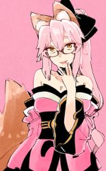 Rule 34 | 1girl, animal ear fluff, animal ears, black bow, bow, breasts, cleavage, detached collar, fate/extra, fate/grand order, fate (series), fox ears, fox girl, fox tail, glasses, hair between eyes, hair bow, highres, japanese clothes, kimono, koyanskaya (fate), large breasts, long hair, looking at viewer, naosuke (morioka shachuu), obi, off shoulder, open mouth, pink hair, pink kimono, ponytail, sash, sidelocks, smile, solo, tail, tamamo (fate), yellow eyes
