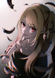 Rule 34 | + +, 1girl, black feathers, black shirt, blonde hair, blurry, blurry background, blurry foreground, collarbone, commentary, depth of field, evil smile, feathers, finger to mouth, from side, gradient background, hand up, highres, hoshino ruby, long hair, looking at viewer, oshi no ko, parted lips, red eyes, rine natsu, shirt, short sleeves, shushing, side ponytail, sidelocks, smile, solo, star-shaped pupils, star (symbol), symbol-only commentary, symbol-shaped pupils, symbol in eye, t-shirt, upper body