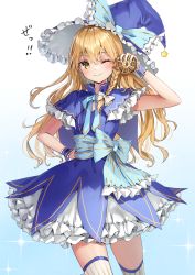 Rule 34 | 1girl, ;), adapted costume, blonde hair, blue bow, blush, bow, braid, capelet, dress, frills, gloves, hair between eyes, hair bow, hand on own hip, hat, hat bow, highres, kirisame marisa, long hair, looking at viewer, mini-hakkero, one eye closed, petticoat, shironeko yuuki, smile, solo, sparkle, standing, striped clothes, striped thighhighs, thighhighs, touhou, witch hat, yellow eyes