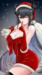 Rule 34 | 1girl, absurdres, bare shoulders, black hair, blue hair, breasts, christmas, colored inner hair, demon horns, dress, finger to mouth, fur-trimmed dress, fur-trimmed headwear, fur trim, gloves, hair ornament, hat, highres, holding, holding sack, hololive, hololive english, horns, index finger raised, large breasts, long hair, looking at viewer, mole, mole under eye, multicolored hair, nerissa ravencroft, one eye closed, red dress, red eyes, red gloves, red hat, sack, santa costume, santa dress, santa hat, shushing, solo, sparkle, tassel, tassel hair ornament, thighhighs, tomozoo83, two-tone hair, very long hair, virtual youtuber