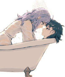 Rule 34 | 2girls, bathtub, black hair, blue eyes, bra, bright background, claw foot bathtub, expressionless, face-to-face, forehead-to-forehead, from side, girl on top, green eyes, half-closed eyes, heads together, imminent kiss, kumoi ichirin, long hair, looking at another, lying, meimaru inuchiyo, multiple girls, murasa minamitsu, on back, panties, purple hair, see-through, short hair, touhou, underwear, upper body, water, water drop, wet, wet clothes, wet hair, white background, yuri