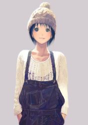 Rule 34 | 1girl, bad id, bad pixiv id, beanie, black eyes, black hair, contemporary, hands in pockets, hat, mablex, original, overalls, short hair, simple background, solo
