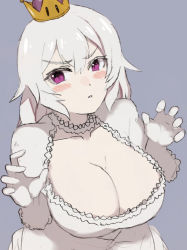 Rule 34 | 1girl, blush, breasts, cleavage, collarbone, dress, frills, gloves, hair between eyes, highres, large breasts, long hair, looking at viewer, luigi&#039;s mansion, mario (series), new super mario bros. u deluxe, nintendo, nishikino kee, pale skin, parted lips, princess king boo, purple eyes, simple background, slit pupils, solo, super crown, white dress, white gloves, white hair