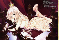 Rule 34 | 1girl, absurdres, bare shoulders, chess piece, chessboard, chocolate, crown, dengeki hime, dress, elbow gloves, gloves, high heels, highres, legs up, long hair, looking at viewer, lying, maino saki, mouth hold, on stomach, original, oversized object, princess, red eyes, ribbon, scan, shoes, solo, takeshima satoshi, tsukumodo kottouten, white dress, white gloves, white hair