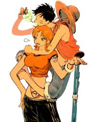 Rule 34 | 1boy, 1girl, bare shoulders, black hair, blue shorts, bracelet, breasts, carrying, closed eyes, crop top, eating, facial scar, food, fruit, grapes, hand on own hip, hat, highres, jewelry, large breasts, makenevemoiine, midriff, monkey d. luffy, nami (one piece), one piece, open clothes, open mouth, open shirt, orange hair, piggyback, red shirt, sand, scar, scar on cheek, scar on face, shirt, short hair, shorts, shoulder tattoo, single sidelock, staff, straw hat, tattoo, white background