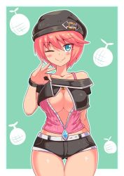 Rule 34 | 1girl, blue eyes, blush, breasts, cleavage, cougar (cougar1404), food, fruit, hat, kissa (cougar1404), large breasts, melon, orange hair, shorts, solo, thigh gap, wink, zipper