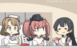 Rule 34 | 3girls, agano (kancolle), anchor hair ornament, atlanta (kancolle), black hair, black headwear, blush, breasts, brown eyes, burger, commentary request, cup, disposable cup, drinking straw, eating, closed eyes, fast food, food, french fries, garrison cap, gloves, hair ornament, hamu koutarou, hat, headgear, highres, holding, houston (kancolle), kantai collection, large breasts, long hair, looking at viewer, multiple girls, peaked cap, shirt, short hair, short sleeves, sitting, smile, sweat, translated, white gloves, white shirt