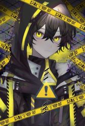 Rule 34 | 1boy, black hair, caution tape, colored skin, colored tips, grey hair, greyscale, keep out, looking at viewer, male focus, monochrome, multicolored hair, nakazaki yuna, original, sign, warning sign, white hair, white skin, yellow eyes