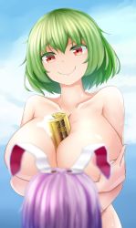 Rule 34 | 2girls, anata (lighttuner), animal ears, arm under breasts, beer can, between breasts, blurry, breast hold, breasts, c:, can, collarbone, completely nude, convenient censoring, depth of field, drink can, green hair, hair between eyes, highres, huge breasts, kazami yuuka, looking at viewer, multiple girls, nude, purple hair, rabbit ears, red eyes, reisen udongein inaba, short hair, sky, smile, solo focus, standing, sweat, thick eyebrows, touhou, upper body, wavy mouth