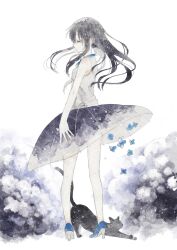 Rule 34 | 1girl, bare arms, bare legs, black cat, black hair, black skirt, blue flower, breasts, bug, cat, closed eyes, dress, falling flower, flower, high heels, highres, long hair, original, oseto (oxxsexxto), painting (medium), pale skin, shoes, skirt, sky print, sleeveless, small breasts, solo, standing, stretching, traditional media, watercolor (medium), white dress