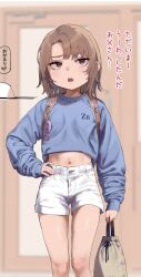 Rule 34 | 1girl, atte nanakusa, backpack, bag, blush, brown hair, commentary request, crime prevention buzzer, flat chest, highres, looking at viewer, mole, mole under eye, navel, open mouth, original, pink eyes, shirt, short hair, short shorts, shorts, solo, translation request, white shirt