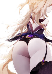 Rule 34 | 1girl, absurdres, ass, ass focus, back, bare shoulders, black thighhighs, blonde hair, bodystocking, electro (genshin impact), fischl (genshin impact), from behind, from below, garter straps, genshin impact, highres, huge ass, long hair, looking away, maomoking, pale skin, single thighhigh, sketch, solo, symbol-only commentary, tattoo, thighhighs, very long hair, vision (genshin impact), white background, wing tattoo
