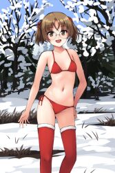 Rule 34 | 1girl, :d, alternate hair length, alternate hairstyle, aposine, bare tree, bikini, blue sky, breasts, brown eyes, brown hair, christmas, cowboy shot, day, girls und panzer, glasses, navel, oono aya, open mouth, out-of-season outfit, outdoors, red bikini, red thighhighs, rimless eyewear, round eyewear, short hair, sky, small breasts, smile, snow, solo, standing, swimsuit, thighhighs, tree, twintails, winter, winter out-of-season outfit