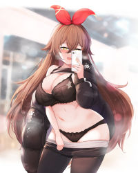 Rule 34 | 1girl, absurdres, alternate breast size, amber (genshin impact), arm up, bare shoulders, black bra, black panties, blush, bra, breasts, brown hair, cellphone, cleavage, clothes pull, collarbone, genshin impact, half-closed eyes, highres, holding, jacket, jacket partially removed, lace trim, large breasts, long hair, mask, mouth mask, navel, open clothes, open mouth, panties, phone, riba, ribbon, selfie, smartphone, smile, spandex, stomach, thighs, underwear