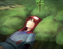 Rule 34 | 1990s (style), 1boy, ashitaka, bad id, bad pixiv id, blood, blue shirt, brown hair, closed eyes, cuts, grass, hat, hood, injury, island, layered sleeves, long sleeves, male focus, mikihisa415, mononoke hime, nature, plant, red hat, retro artstyle, shirt, short over long sleeves, short sleeves, sleeping, solo, studio ghibli, unconscious, water