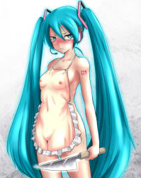 Rule 34 | 1girl, ao usagi, apron, aqua eyes, aqua hair, bare shoulders, blush, breasts, censored, collarbone, embarrassed, female focus, hatsune miku, headphones, headset, holding, knife, long hair, looking at viewer, naked apron, nipples, no pussy, pointless censoring, simple background, small breasts, solo, standing, tattoo, tears, too literal, twintails, very long hair, vocaloid, white background