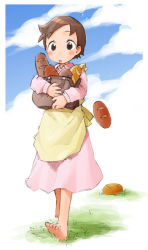 Rule 34 | 1970s (style), 1girl, alps no shoujo heidi, apron, bag, barasui, barefoot, blush, bread, brown eyes, brown hair, child, cloud, day, dress, feet, food, full body, grass, heidi (alps no shoujo heidi), loaf of bread, nippon animation, oldschool, open mouth, outdoors, pink dress, retro artstyle, short hair, simple background, sky, solo, walking, white background, world masterpiece theater