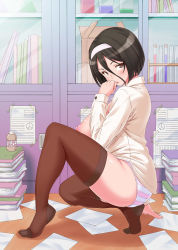 Rule 34 | 1girl, arm support, ass, black hair, book, breasts, breasts out, desk, from side, hair between eyes, hairband, highres, huge breasts, looking at viewer, nipples, on desk, original, panties, paper, puffy nipples, sanagi torajirou, short hair, solo, squatting, striped clothes, striped panties, thighhighs, underwear
