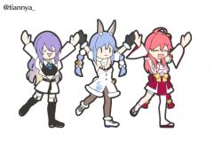 Rule 34 | 3girls, :3, = =, ahoge, animal ear fluff, animal ears, animated, asymmetrical legwear, bell, black gloves, blue hair, boots, bow, braid, breasts, clenched hands, dancing, detached sleeves, don-chan (usada pekora), dress, english text, fur trim, gloves, hair behind ear, hair bell, hair bow, hair ornament, hololive, hololive indonesia, iosys, iosys parody, japanese clothes, long sleeves, looping animation, medium breasts, meme, miko, mismatched legwear, moona hoshinova, multiple girls, nontraditional miko, open hands, open mouth, pantyhose, parody, pink hair, purple hair, rabbit ears, rabbit girl, red bow, red hair, sakura miko, sakura miko (1st costume), sandals, short shorts, shorts, single thighhigh, thigh boots, thigh strap, thighhighs, tian nya, twin braids, twitter username, usada pekora, usada pekora (1st costume), video, virtual youtuber, waving, white background, white dress, wide sleeves, yellow bow